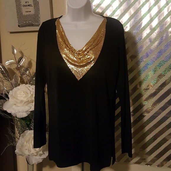 Michael kors Womens Black Gold Cowl Blouse Size M Long Sleeve Flowy - Picture 2 of 4